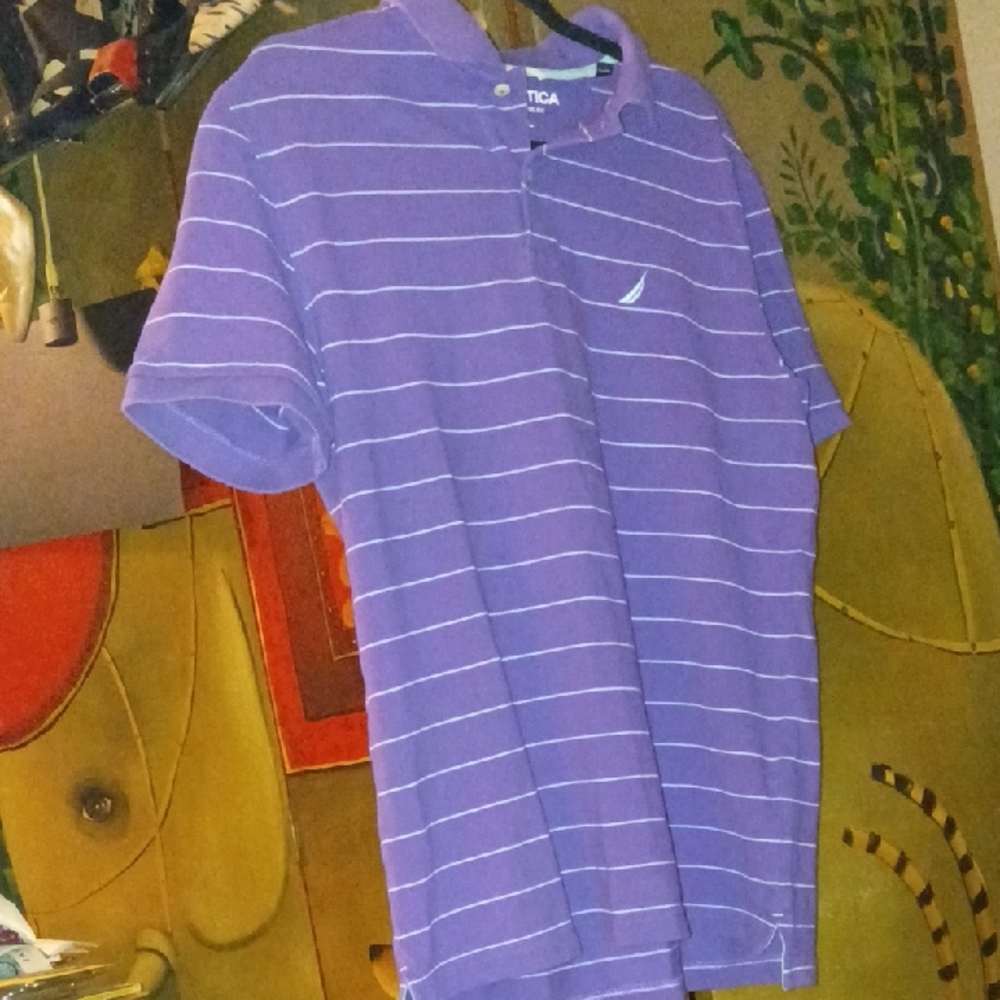 Nautica Men's Polo in Purple and White Stripes